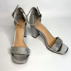 Michael by Michael Shannon Stella Silver Rhinestone Block Heels Sandals Size 8